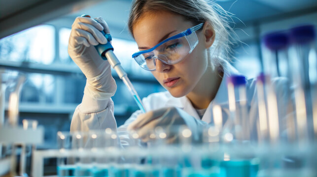 focused female scientist is pipetting a blue liquid into test tubes in a laboratory - Powered by Adobe