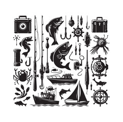 FISHING ELEMENTS ICON VECTOR ILLUSTRATION