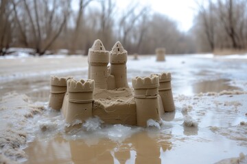 sandcastle surrounded by a moat, filled with slushy, icy water