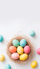 Fototapeta na wymiar Easter banner, poster, greeting card. Trendy Easter design with flowers, eggs, in pastel colors. Modern minimal style. Plain background for Easter card and banner