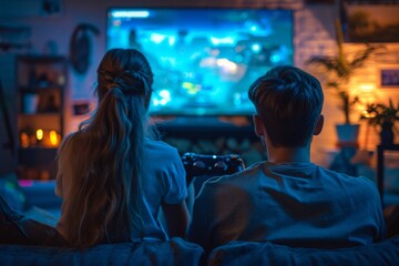 Fototapeta premium Young couple woman and man playing video games