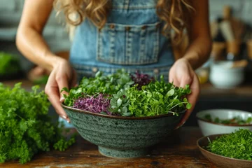 Stoff pro Meter Woman hands hold bowl with microgreen © Yulia Furman