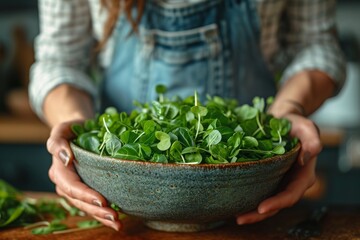 Woman hands hold bowl with microgreen