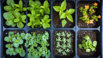 variety of potted plants with different types of foliage and flowers, arranged closely together, creating a lush display of greenery and color.