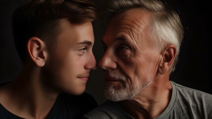 Intergenerational bonding, young man and senior in close conversation. family, generations, and understanding captured in a portrait. emotional depth and human connection. AI