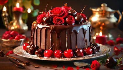 Tort czekoladowy z polewą czekoladową, wiśniami i czerwonymi różami - obrazy, fototapety, plakaty