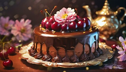 Tort czekoladowy z polewą czekoladową, wiśniami i różowymi kwiatami