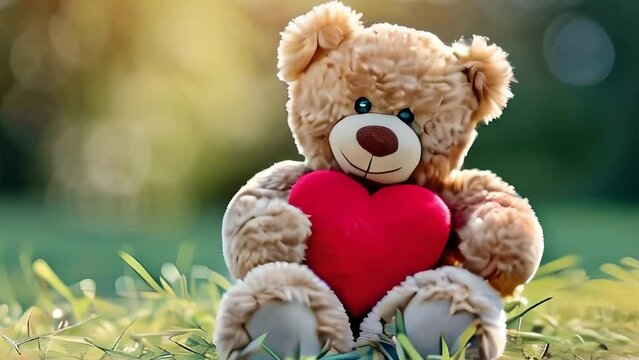 a cute Valentine teddy bear holding a romantic red love heart