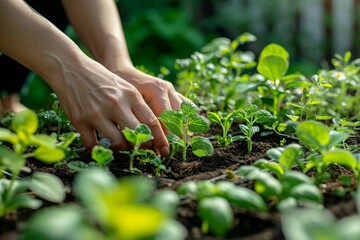 Woman caring for plants in home garden