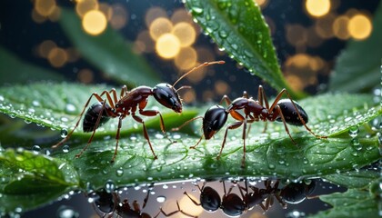 Close-up of ants or ant on a leaf in the wonderful green nature in sunlight on a meadow - ai generated - Powered by Adobe