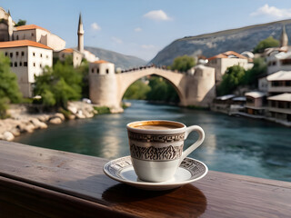 Traditional Turkish coffee and a view of Mostar Old bridge and river Neretva. Bosnian coffee in a cezve with a turkish delight, Mostar, Bosnia And Herzegovina.