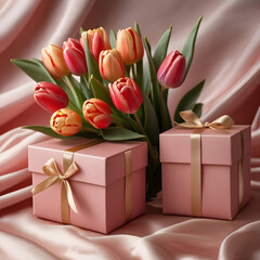 Fototapeta premium Beautiful tulip flowers on pink background with pink gift box and silk bow.