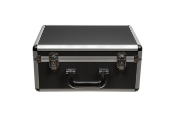 Black padded aluminum briefcase case with metal corners.  Case with foam inside. Isolate on a white back