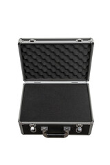 Black padded aluminum briefcase case with metal corners.  Case with foam inside. Isolate on a white back