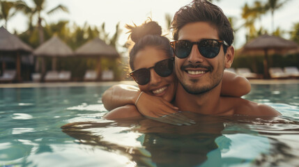 happy couple wearing sunglasses and smiling at the camera while embracing in a swimming pool on a sunny day with palm trees in the background. - obrazy, fototapety, plakaty