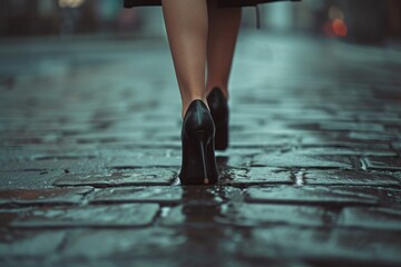 Female legs in shoes walks along a city street - obrazy, fototapety, plakaty