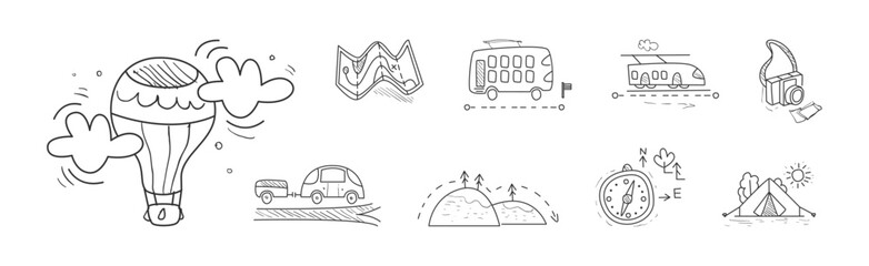 Tourism and Travel on Vacation Line Drawn Element Vector Set