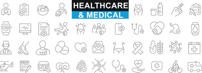 Healthcare & Medical vector icon set. Includes doctors, nurses, medical equipment, treatments, emergency services. Perfect for web design, app development