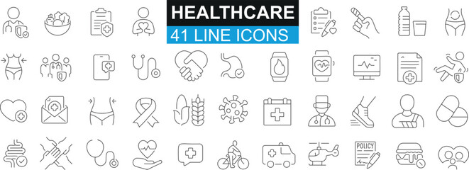 Healthcare, medical, doctor, nurse, hospital, equipment, vector set, outline style icons collection. Ideal for web design, app UI, digital marketing. Includes heart, brain, pill, syringe, ambulance