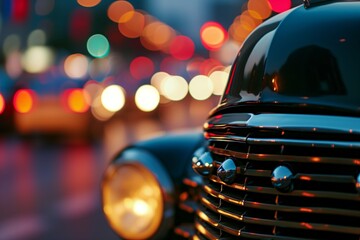 closeup of classic car grill with blurred city traffic - obrazy, fototapety, plakaty