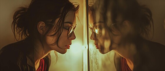 a girl looking into the mirror at her self reflection, idea for self-awareness, self-recognition concept, Generative Ai - obrazy, fototapety, plakaty