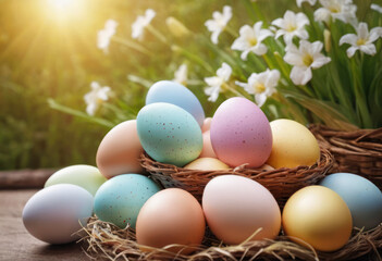 Colorful Easter eggs in a basket on the background, a festive Easter card with an image of a basket filled with bright pastel eggs. Perfect for spring celebrations and holiday greetings.