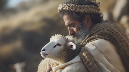 ancient Israelis man holding sheep in arm, Generative Ai