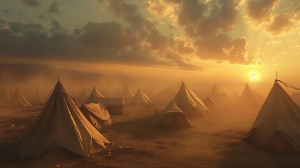 ancient Israelis people live in tent  during wandering in desert, big cloud shade over the camp, old testament believer concept theme, Generative Ai - obrazy, fototapety, plakaty