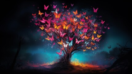 Withered Tree Blooming With Neon Butterflies
