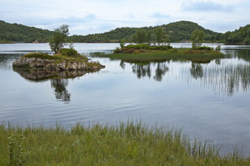 View of Lake Svartvatnet and Bodo from Kaiservarden in Nordland county, Norway, Europe
