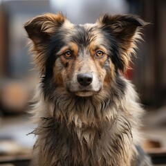 Fototapeta premium Portrait of a multicolored Australian Shepherd Concept: pets, veterinary websites and social animal adoption campaigns