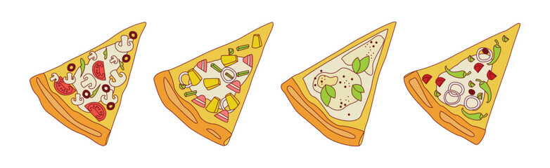 Pizza Slice with Various Filling and Topping Vector Set