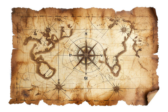 Old Treasure Map Compass Rose Isolated on Transparent Background