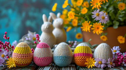 Photograph of easter eggs in a row knitted. Product photography.