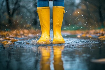 Feet in bright rain boots walk through the puddles