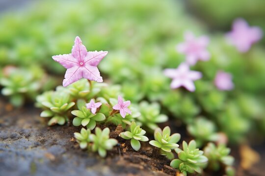 star-shaped creeping thyme blossoming in spring