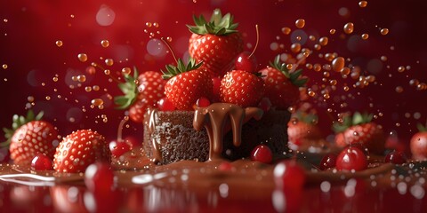 Splashing chocolate and ripe strawberries on a backdrop. delicious dessert scene. ideal for food blogs and ads. high-quality image showcasing the sweetness. AI