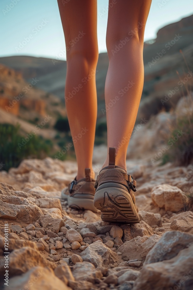 Poster Legs in hiking sandals on desert landscape