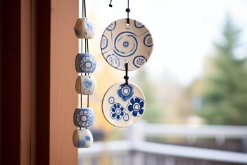 ceramic disk wind chime with blue motifs on a porch