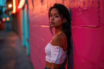 Twilight's glow on a woman in a cropped off-shoulder top, against a vibrant pink and teal urban backdrop.