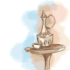 Arabian coffee pot on isolated background and on wooden table 