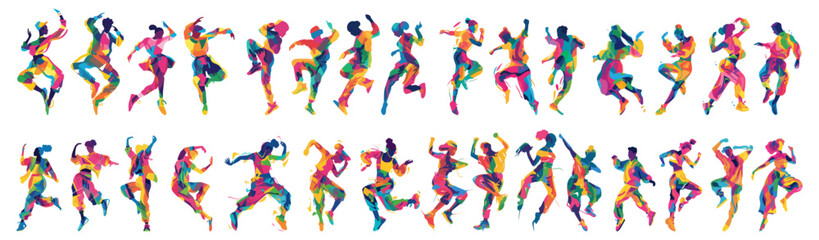 set of colorful people doing difference dance move. man woman flat illustration. isolated on transparent background. - obrazy, fototapety, plakaty