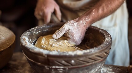 chef hand mixing dough in pottery bowl, vintage traditional atmosphere homemade bakery ingredient, Generative Ai