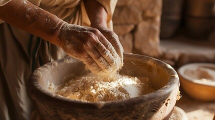 chef is mixing dough in pottery bowl, vintage traditional atmosphere homemade bakery ingredient, Generative Ai