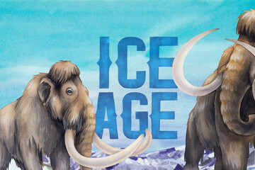 Watercolor mammoths walking in a snowy mountain landscape. - 729981552