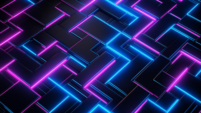Pink blue neon geometric metal pattern. Modern aesthetic metallic texture abstract background design. Eye-catching digital theme. Retrofuturism backdrop textured wallpaper patterned
