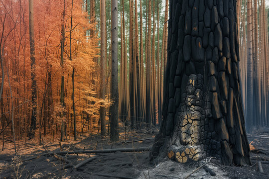A contrasting scene where the charred remains of a once lush forest are juxtaposed against the backdrop of surviving, vibrant trees, reminding us of nature's cycle of destruction and regeneration.