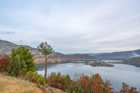 The scenic view of Kayaboğazı dam at winter time with pastel colors in Tavşanlı, Turkey

