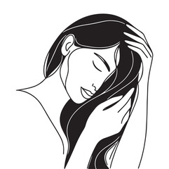 Minimalistic silhouette of woman face and hands. Black and white