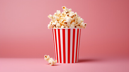 Paper cup of colorful sweet popcorn on pink background